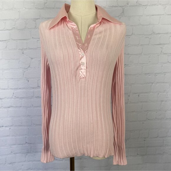 Jj Basics Sweaters - Vintage Y2K JJ Basics Large Pink Ribbed Henley Satin Collared Sweater Top